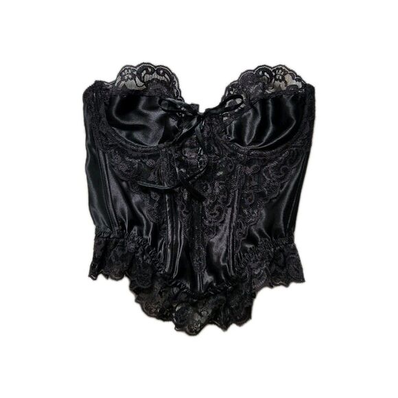 Victoria's Secret Other - VTG Victoria’s Secret Gold Crown Corset 32B Black Lace Satin Sheer Bustier EUC